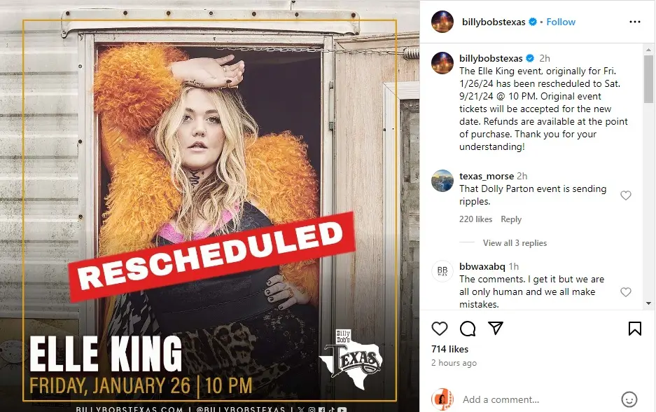 Elle King Concert Postponed due to Dolly Parton Flub