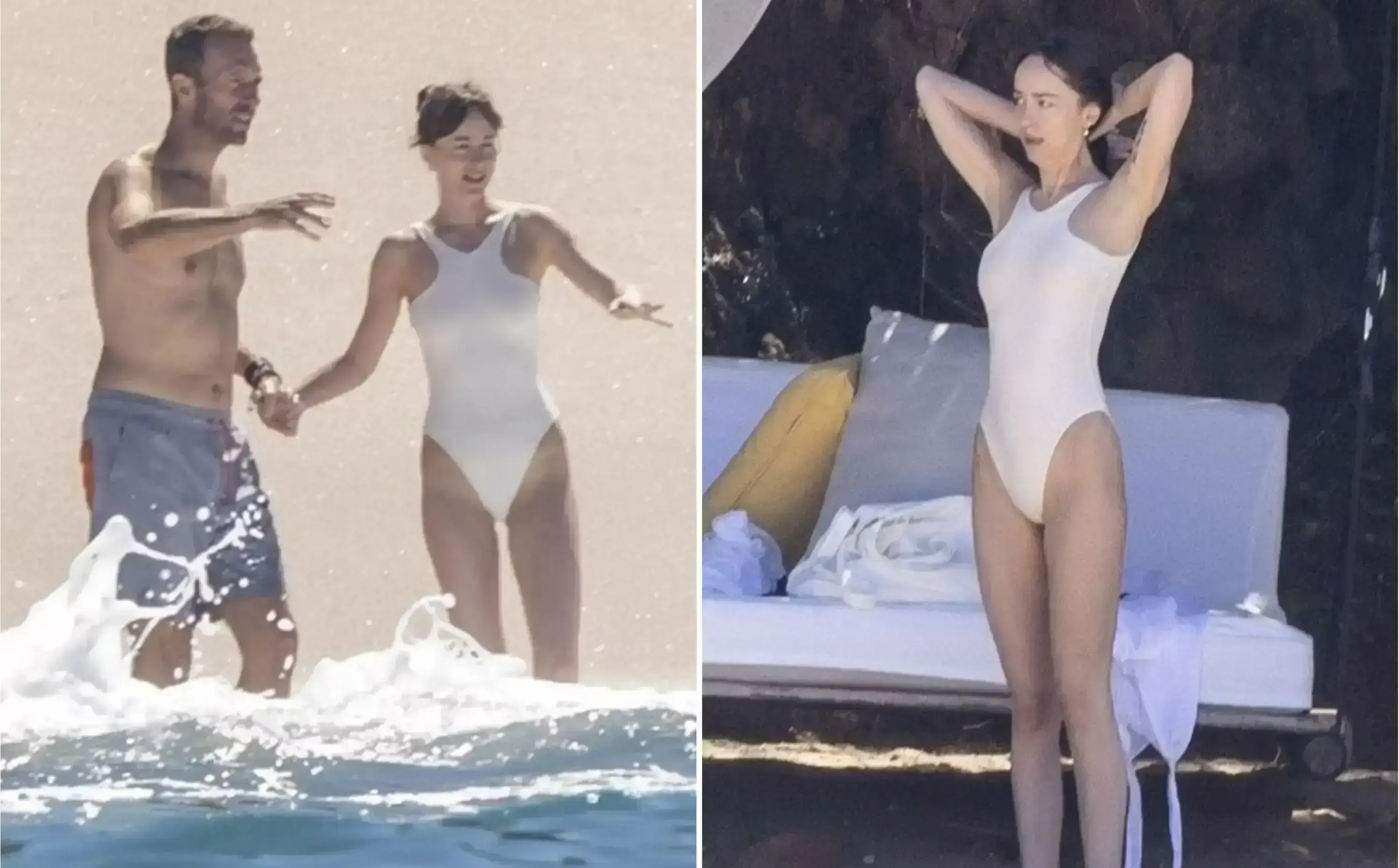 Dakota Johnson in white Swimsuit with Chris Martin on the Mexico Beach