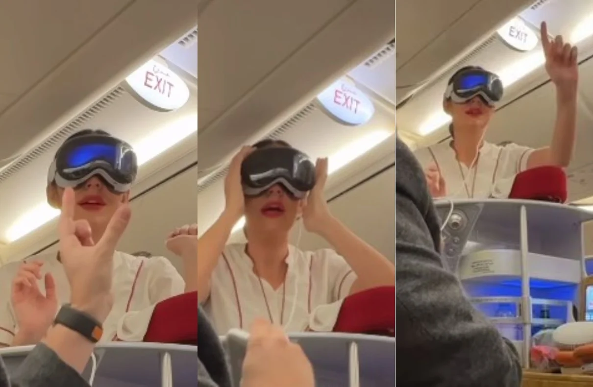 Emirates Air Hostess Tries Apple Vision Pro On Flight