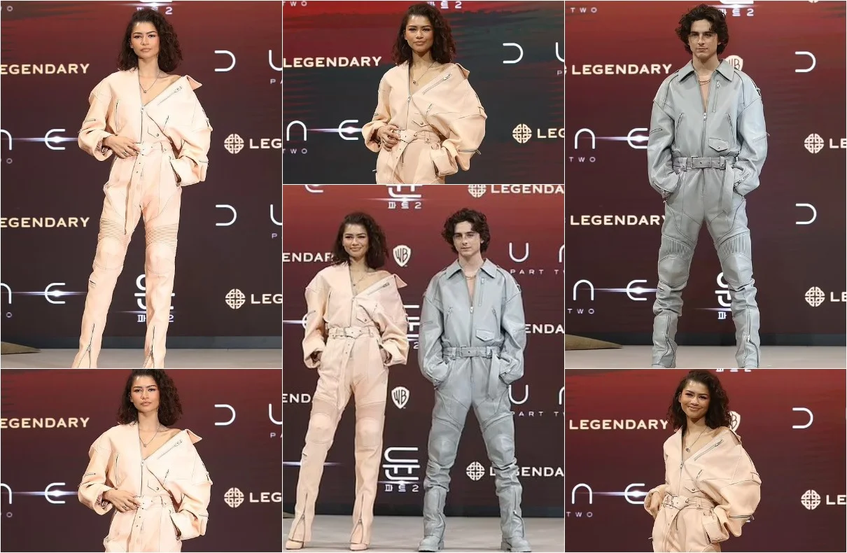 Zendaya And Timothée Chalamet Twinning In Leather Jumpsuits At 'dune Part Two' Event In South Korea