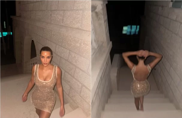 Kim Kardashian Photoshoot in Gold Mini Dress by Daughter North West
