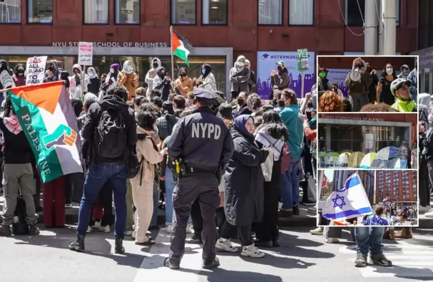 NYU Students stage Anti-Israel protest by setting up tents outside Stern